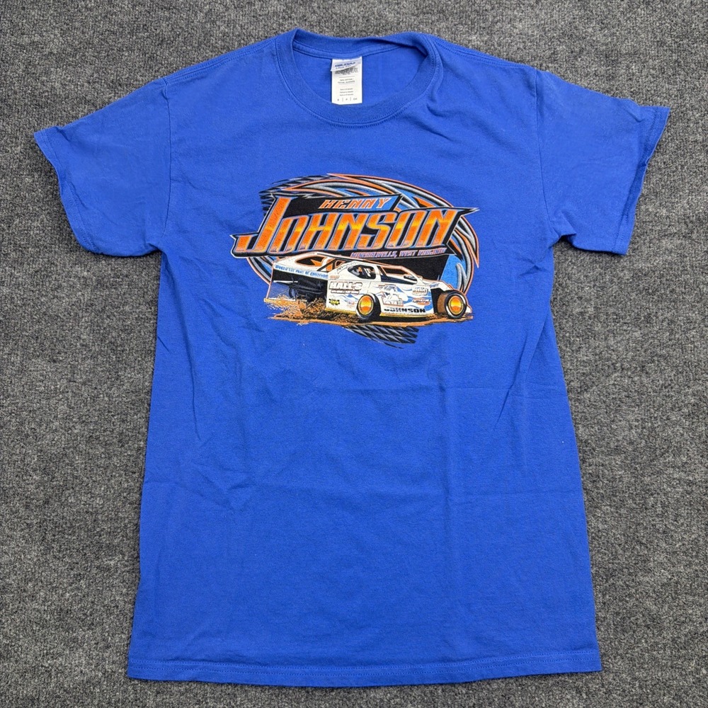 Vintage Johnson Dirt Track Racing T Shirt Small Royal Blue Late Model‎ Stock Car